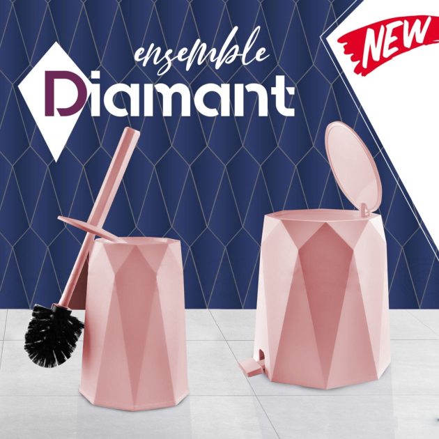 Kit Poubelle + Brosse Flate Designe Rose Clair طقم قمامة و فرشاة المرحاض