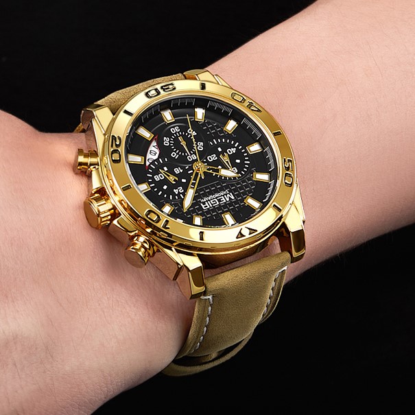 Montre MEGIR Originale Doré Bracelet en Cuir - الصورة 4