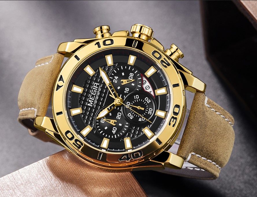 Montre MEGIR Originale Doré Bracelet en Cuir - الصورة 3