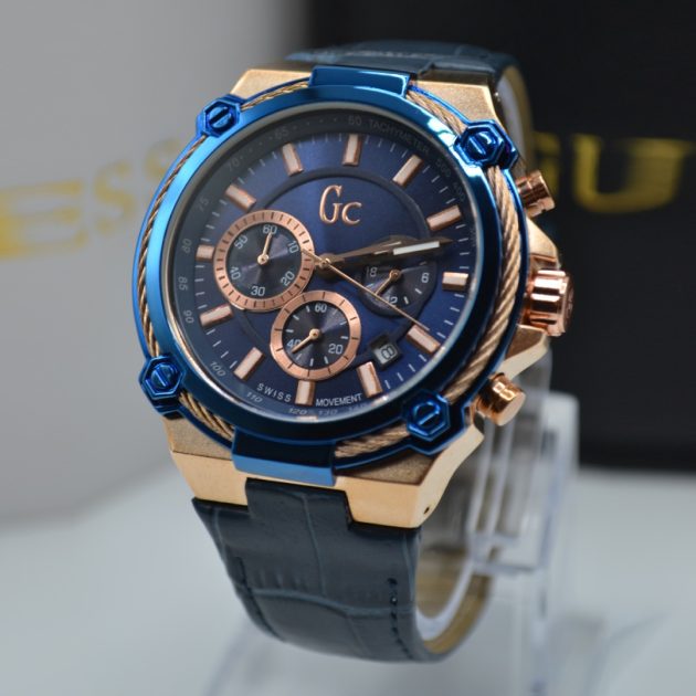 Montre GU - Chronographe bracelet en cuir bleu doré