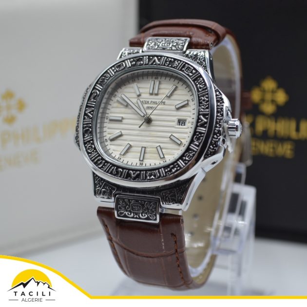 Montre PTP - Déco Gravure bracelet en cuir marron