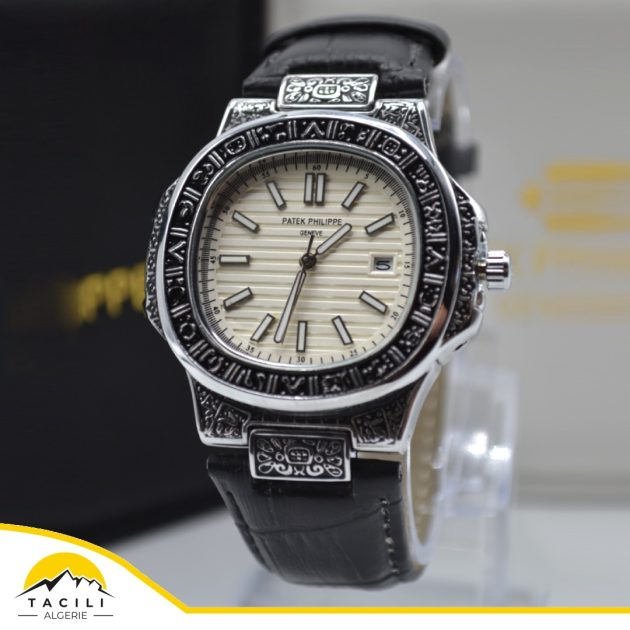 Montre PTP - Déco Gravure bracelet en cuir noire