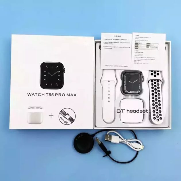 Coffret Smartwatch T55 (Blanche) + Bracelet + Kit Bluetooth